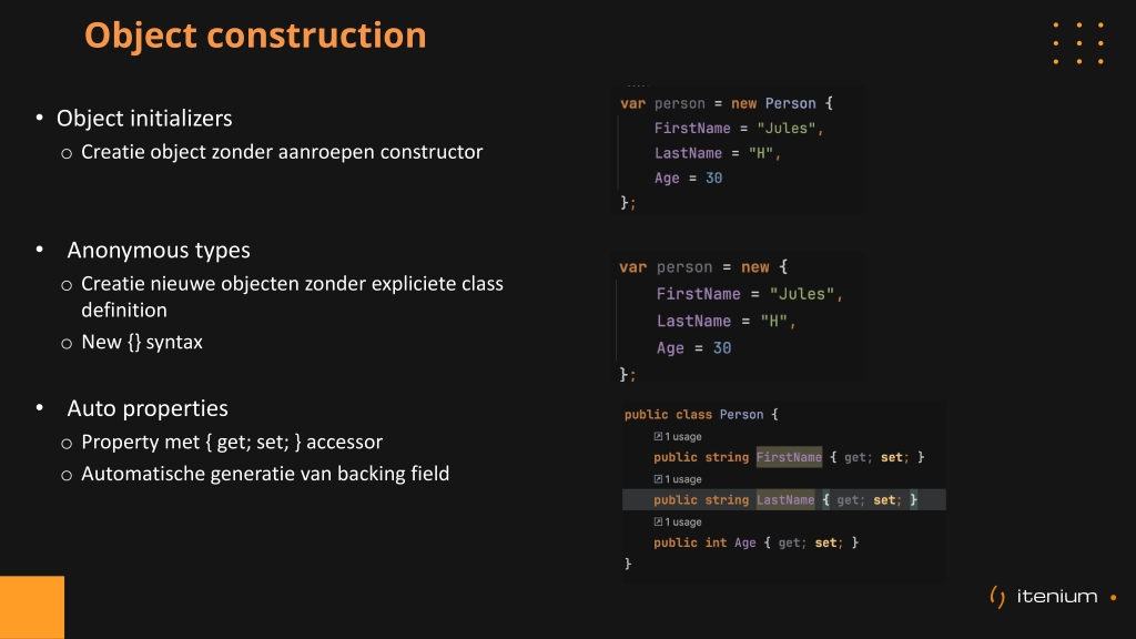 Learn how object initializers, anonymous types, and auto properties simplify object creation in C#. Write more concise, readable, and maintainable code.