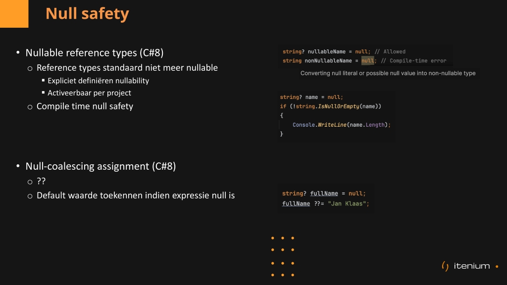 Discover C# 8's null safety features like nullable reference types and the null-coalescing assignment to write safer and more reliable code.