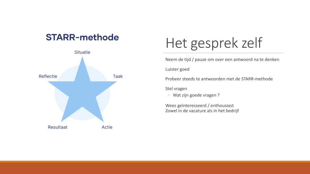 A training session on interviewing techniques, focusing on the STARR method for structured responses and effective communication.