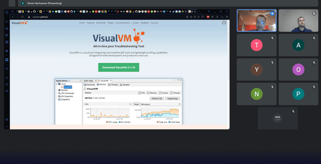 Simon Verhoeven is presenting VisualVM, a powerful Java troubleshooting tool that offers real-time monitoring, profiling, and memory analysis, essential for developers optimizing JVM performance.