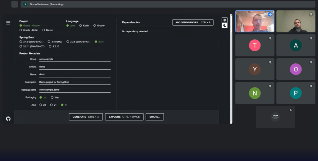 A presentation of the Spring Boot initializer interface, allowing developers to configure a new Spring Boot project by selecting the language (Java, Kotlin, or Groovy), build tool (Gradle or Maven), Spring Boot version, and other project metadata, making it quick and efficient to set up Java-based applications.