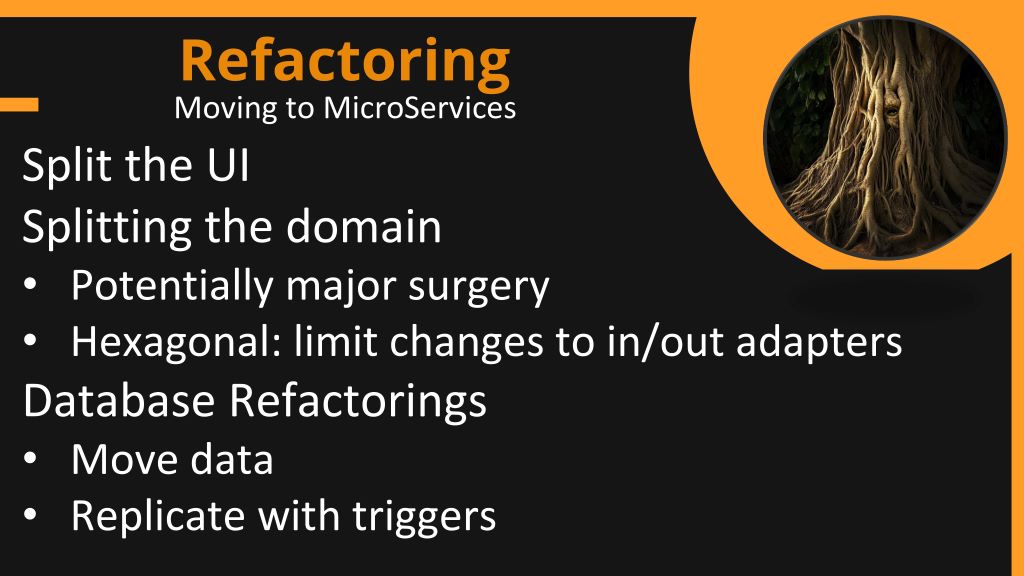 The Refactoring: Moving to MicroServices slide highlights splitting the UI, domain splitting with hexagonal architecture, and database refactoring by moving data and using triggers.