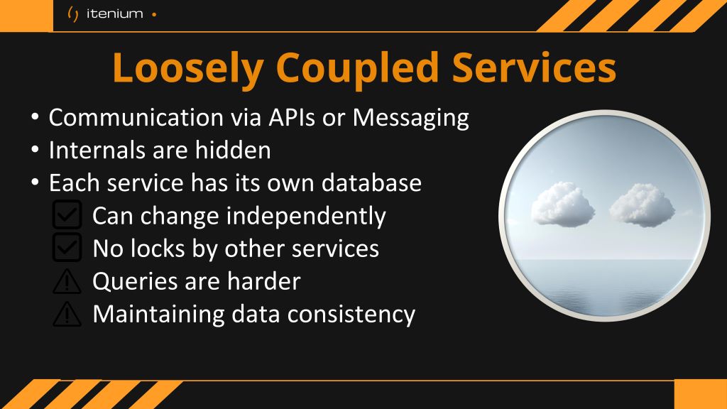 The Loosely Coupled Services slide highlights independent APIs, hidden internals, and separate databases, offering flexibility but challenging data consistency and query complexity.