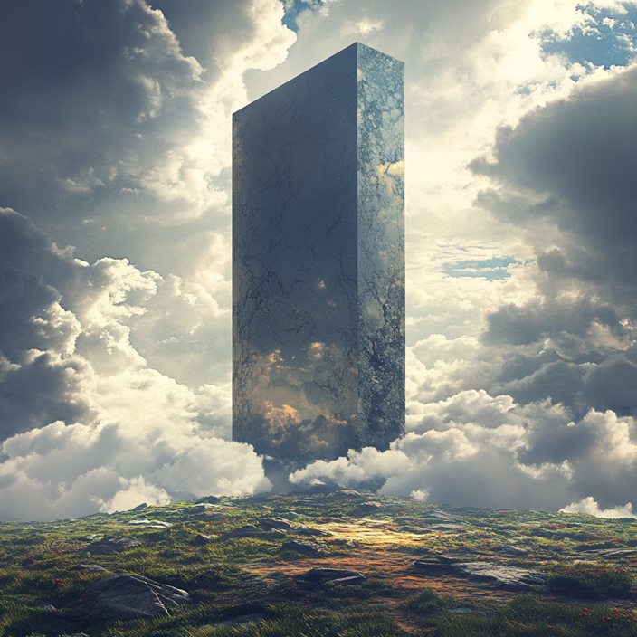 Showcasing a towering monolith surrounded by clouds, symbolizing legacy monolithic applications, inspiring developers to break free and adopt more scalable architectures like microservices.