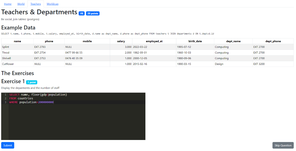 PostgreSQL training interface with exercises on joining teachers and departments data and calculating GDP per capita for countries with over 20 million people.