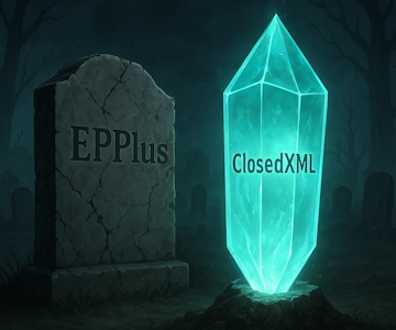 computer graveyard, cracked tombstone engraved EPPlus, beside it a shining crystal monument glowing with the word ClosedXML, surreal digital illustration, moody atmosphere, high detail