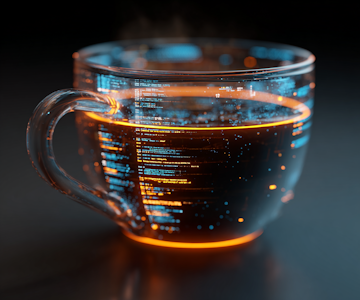A futuristic coffee cup emitting holographic AI agents made of glowing code lines, symbolizing Java powering intelligent systems. Neon blues and oranges, ultra-clean tech aesthetic. --ar 6:5