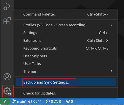 Turn on sync in Visual Studio Code