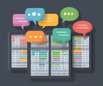 spreadsheet cells with colorful speech bubbles hovering above them, playful vector illustration, modern flat design --ar 6:5