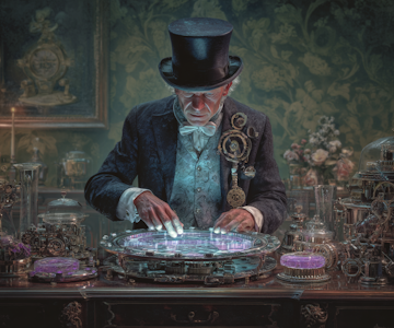 Dr Jekyll (from Mr Hyde) serving websites at light speed, silver tray with holographic sites materializing instantly, Victorian steampunk aesthetic mixed with cyberpunk technology, gears turning at impossible velocities --ar 6:5