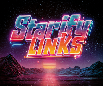 Retro 1980s movie poster 'Starify Links' neon typography, chrome reflections, GitHub stars exploding in the background like supernovas