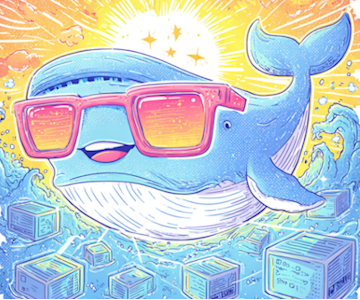 Cartoon-style illustration of a smiling Synology NAS wearing sunglasses, sending HTTPS traffic through a glowing reverse proxy tunnel into a happy Docker whale. Bright, playful colors, comic-style outlines, fun and approachable vibe