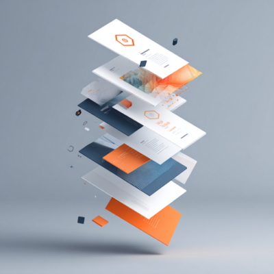 A markdown file with slide separators morphing into a stack of crisp presentation slides mid-flight, each slide branded with a subtle geometric tech logo, code-to-slides transformation, clean vector flat design, soft shadows, tech-blue and accent-orange palette, playful and minimal