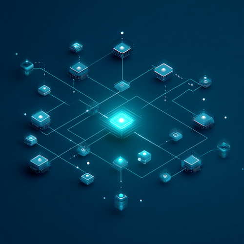 a clean flat vector illustration of interconnected API nodes, database schemas, and autonomous AI agents processing workflows, modern software engineering theme