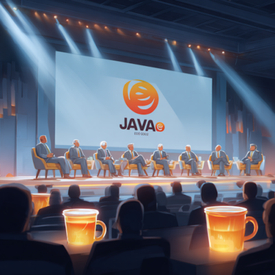 a panel of senior software architects seated on a brightly lit conference stage, large screen behind them displaying the Java logo and JavaOne 2026, audience silhouettes in foreground holding glowing coffee cups, cinematic depth of field, clean modern illustration, tech blog editorial style