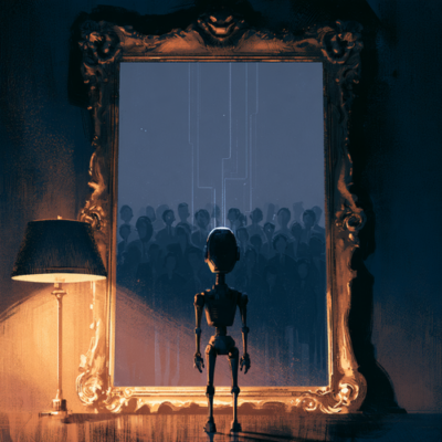 a small friendly robot standing in front of an ornate mirror, the reflection showing a crowd of human silhouettes instead of the robot, faint data lines connecting the robot's head to the reflected figures, soft moody lamplight, deep indigo and warm brass palette, minimal editorial illustration, contemplative and slightly unsettling mood, centered composition