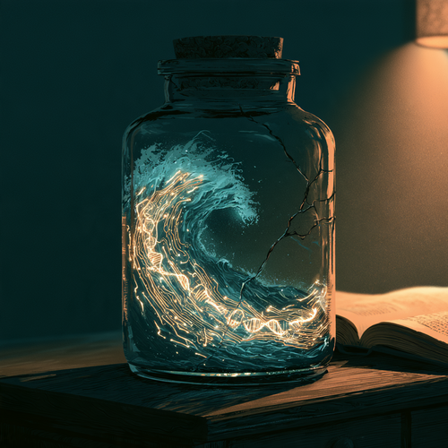 a glass laboratory jar sealed with a cork, containing a miniature roaring ocean wave made of glowing circuit traces and DNA helices pressing against the glass, a hairline crack running up the side, placed on a dark wooden desk beside an open book, soft single-source lamp light, deep teal and amber palette, minimal editorial illustration, tense and contemplative mood, centered composition
