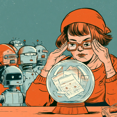 Humorous editorial illustration of a developer fortune teller squinting into a crystal ball that only shows a few calendar pages, curious robots peeking over their shoulder, bold outlines, flat bright colors, mid-century cartoon style, warm orange and teal palette