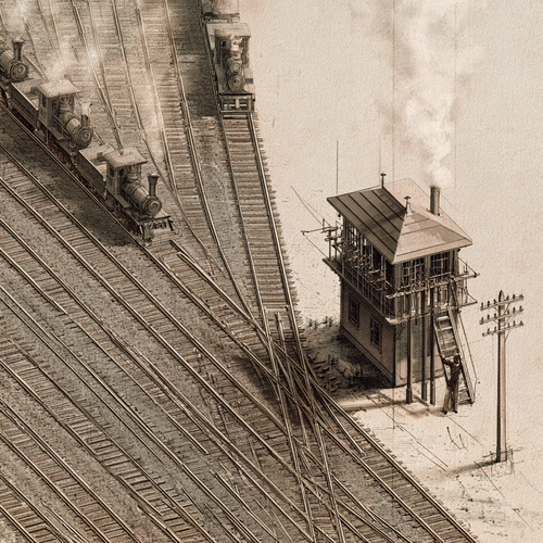 Isometric vintage railway switchyard seen from above, nine parallel tracks each carrying a small steam locomotive, all tracks converging through a single signal box into one main line, a signalman in the tower pulling levers, sepia and brass tones, technical engraving style with soft watercolor wash, 19th century blueprint aesthetic